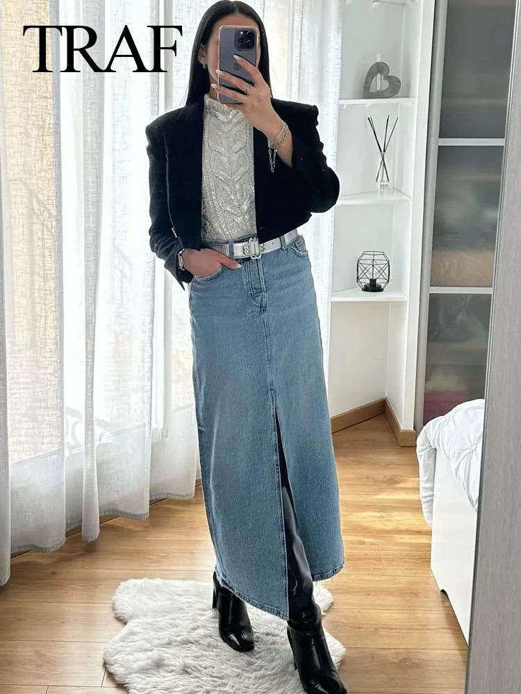 TRAF 2023 Women Fashion Front Slit Blue Denim Skirt High Waist Pockets Slim Zipper Fly Midi Skirts Female Casual Vintage Skirts