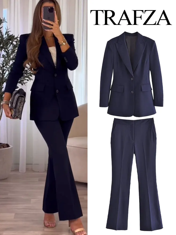 TRAFZA 2024 Women’s Casual Blazer Business Office Suit Navy Women’s High Waist Slim Wedding Dress Tuxedo Party Pants 2-piece Set