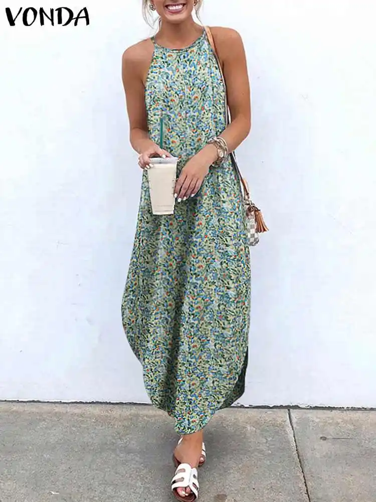 VONDA 2024 Summer Women Bohemian Dress Sexy Halter Asymmetrical Beach Dresses Sexy Sleeveless Robe Printed Long Maxi Sundress