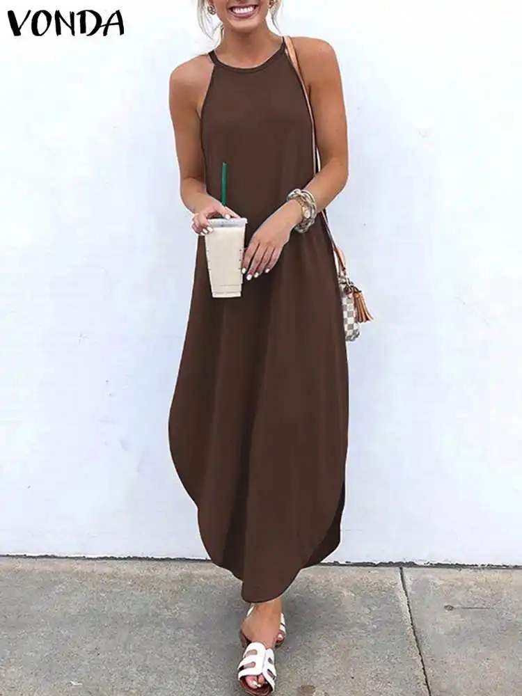 VONDA Bohemian Women Halter Sundress 2024 Summer Maxi Long Dress Solid Casual Loose Sexy Sleeveless Backless Beach Robe Femme