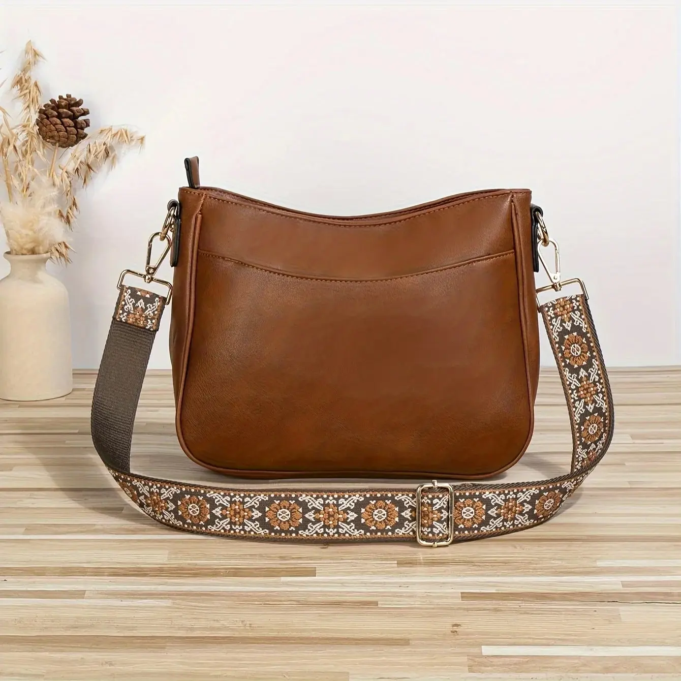Vintage Vegan Women Crossbody Bag Retro Ethnic Style Wide Bag Strap Shoulder Bag Women’s Fashion Handbag Purse