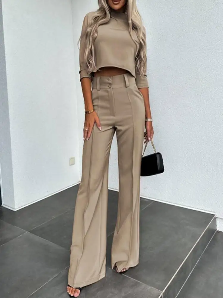 Women 2024 Spring Fashion Two Piece Set Elegant Office Lady Casual Solid High Waist Long Pants with Tops Slim Fit Female Suit
