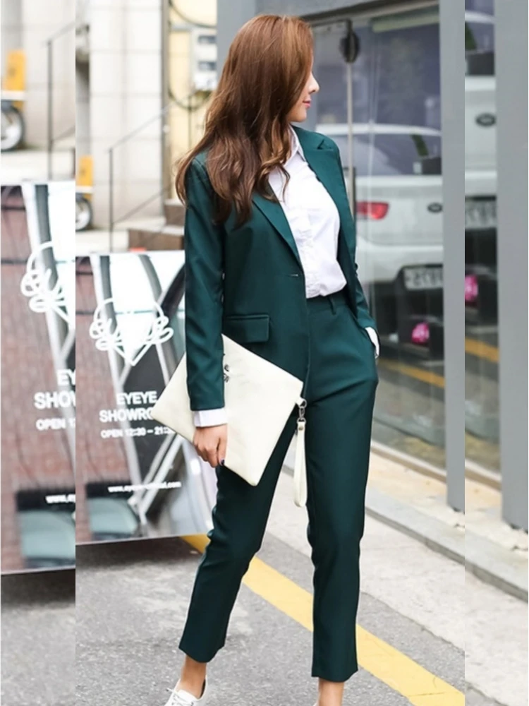 Women Casual Business Blazer 2 Piece Set Office Lady Elegant Suit Solid Pencil Pants Notched Lapel Jacket Outfits Female Clothes