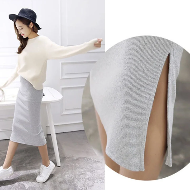 Women Casual Split Pencil Skirt Calf-Length Ladies Cotton Solid Stretch Slim Long Dress