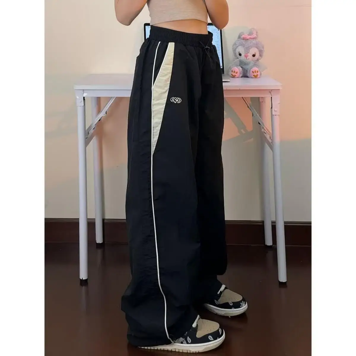 Women Casual Wide Leg Cargo Pants Drawstring Solid Streetwear Elastic Waist Sweatpants Loose Y2K Joggers Hip Hop Baggy Trousers