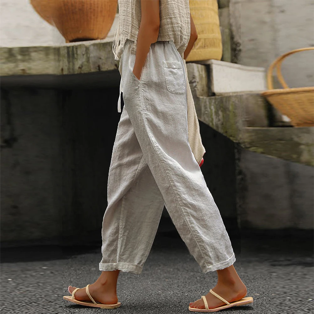 Women New Simple Casual Trousers Cotton And Linen Pockets Drawstring Trousers Ladies Solid Color Elastic Waist Soft Street Pants