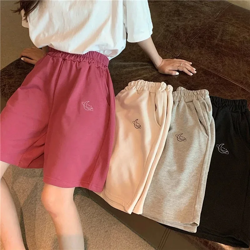 Women Summer Elastic Waist Casual Beach Party Korean version clothing size High waist Moon Embroidery Movement Shorts