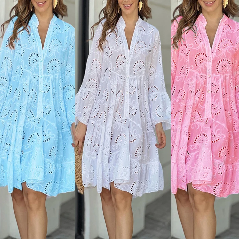 Women Summer Solid Lace Dresses 2024 Elegant Hollow Out Embroidery Sexy Mini Dresses Vintage Loose V-neck Pattern Beach Vestidos
