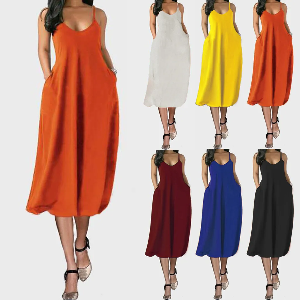 Women U Neck Spaghetti Straps Midi Dress Summer Sexy Sling A Line Dresses Casual Loose Femme Vestidos