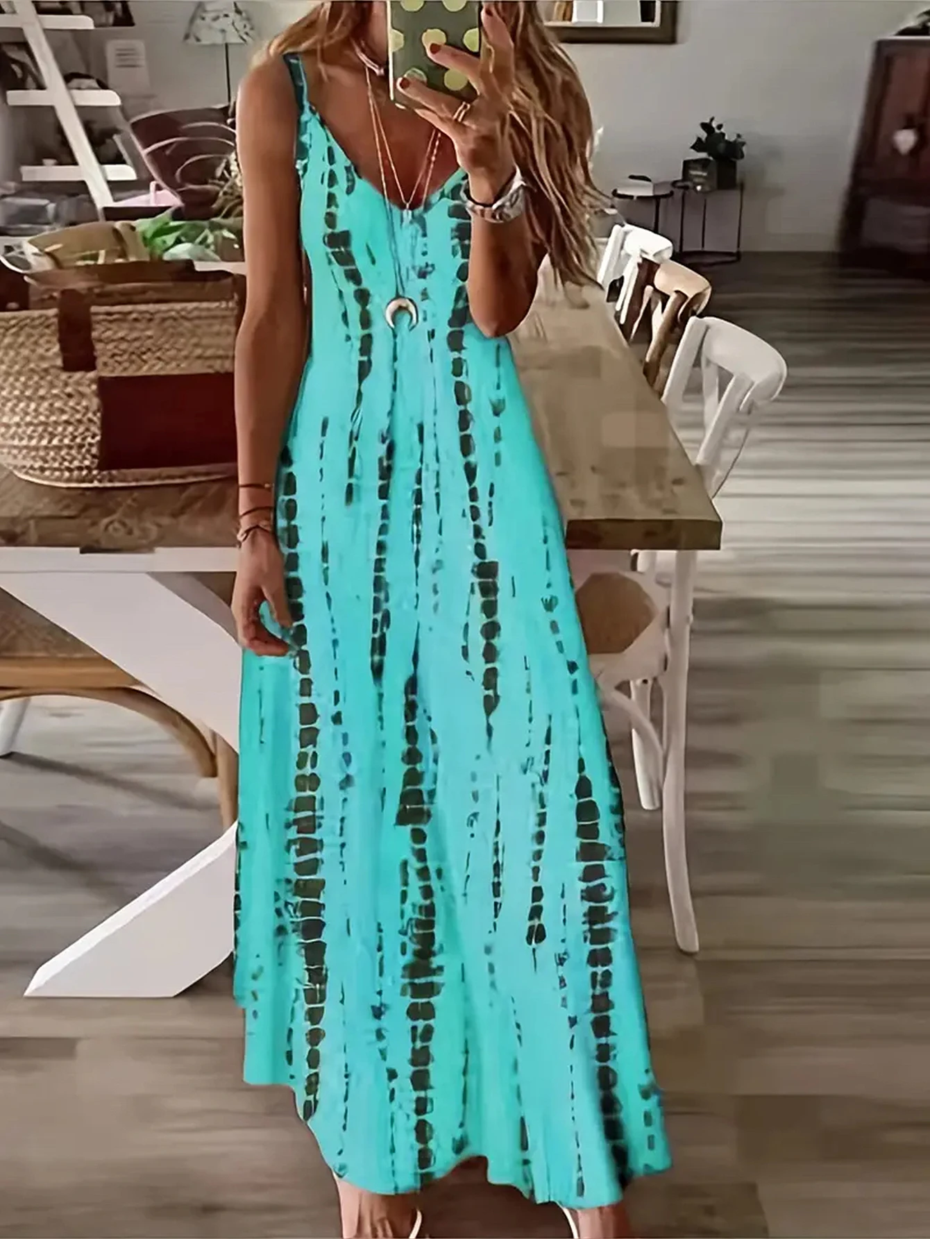 Women’s Casual Loose V-neck Tie Dye Printed Spaghetti Maxi Dress Summer Beach Vacation Long Dress