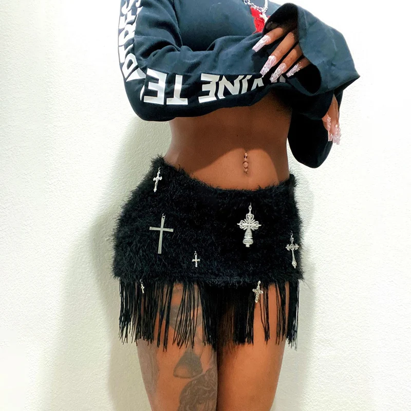 Women’s Gothic Style Cross Accessories Furry Skirt Tassel Elastic Waist Miniskirt XY23114DG