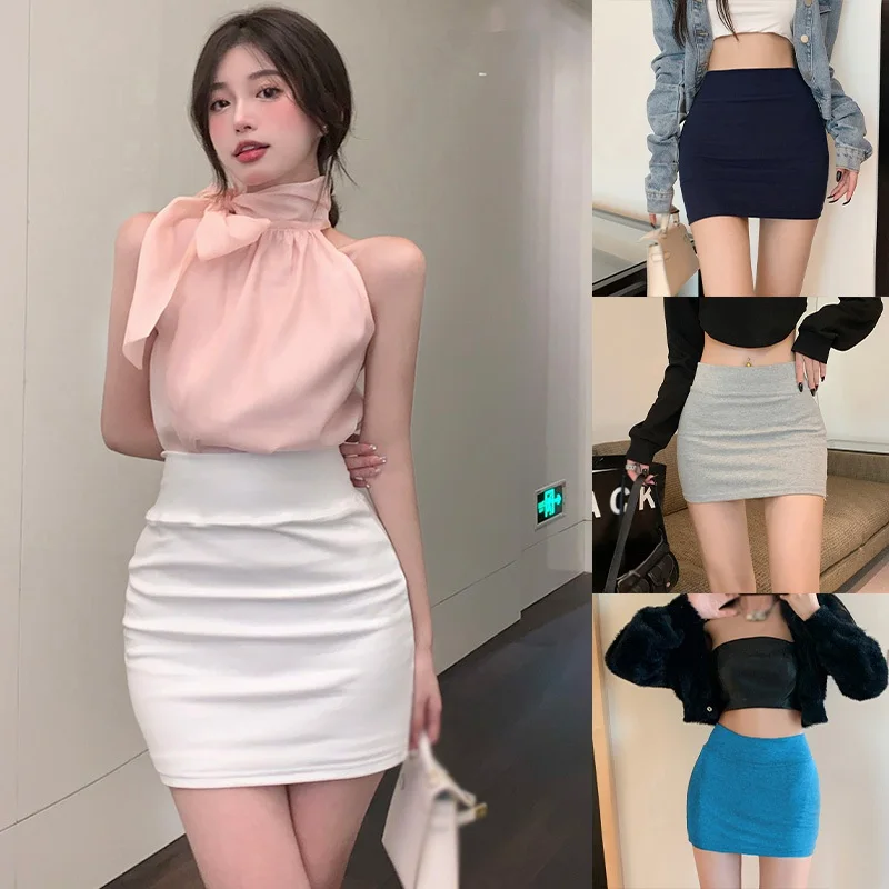 Women’s Sexy Hip Wrap Short Skirt High Waist Elastic Slim Fit Solid Color Half length Skirt