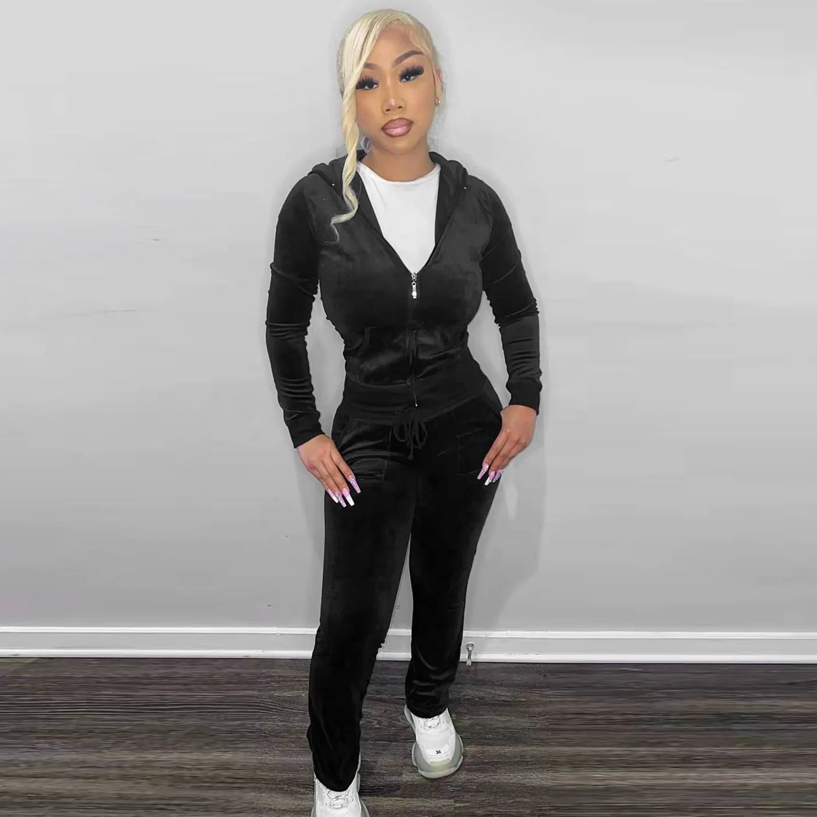 Womens Fall Velour Hoodie Jacket And Pants Sweatsuit Set Winter Lady Jogger Tracksuit 2 Piece Outfits