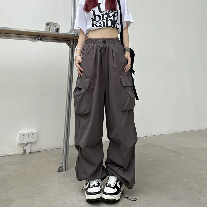 Y2K Cargo Pants Straight Wide Leg Drawstring Trousers Women Oversize Jogger Kpop High Waisted Breathable Solid Color Sweatpants