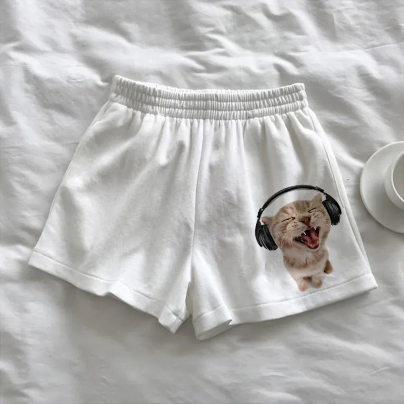 Y2k Loose Women’s Shorts High Waist Star Fun Kitten Print Summer Harajuku Fashion Sports Sweatpants Beach Y2K Clothing