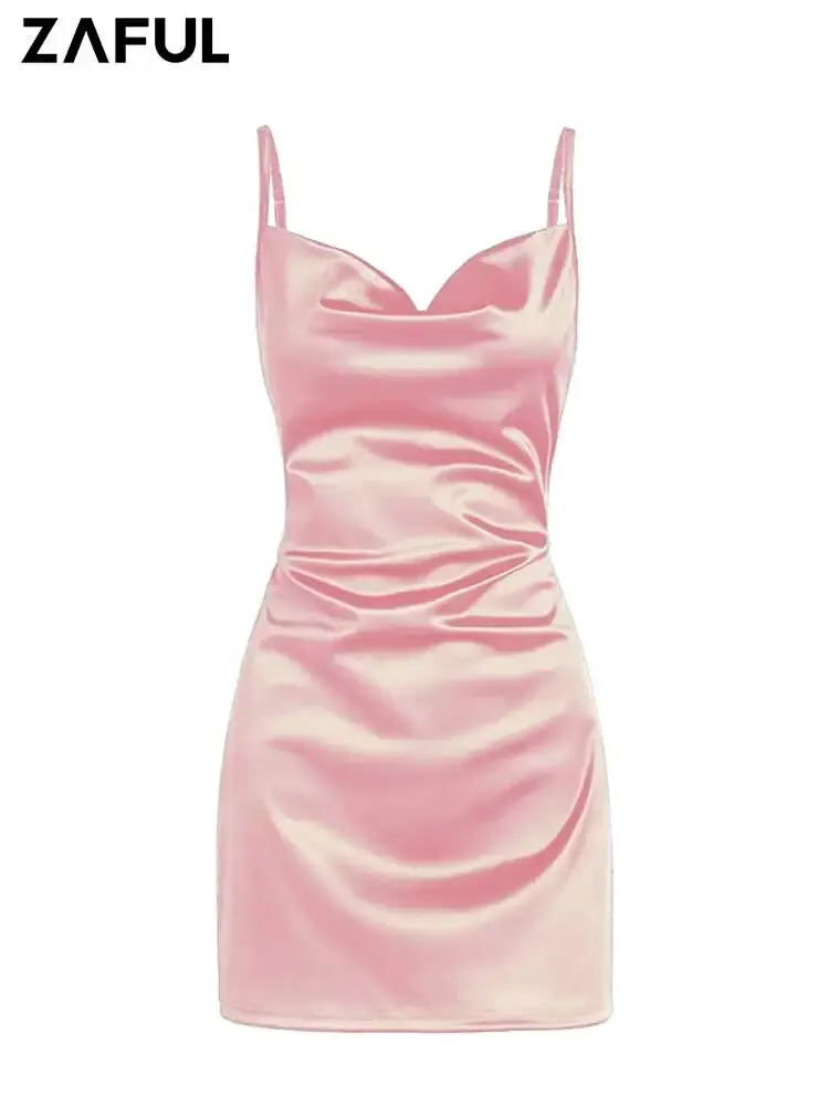 ZAFUL Women’s Mini A- Line Dress Satin Sleeveless Spaghetti Strap Side Slit Dress Sexy Cocktail Party Slip Vegas Dress Z4873007