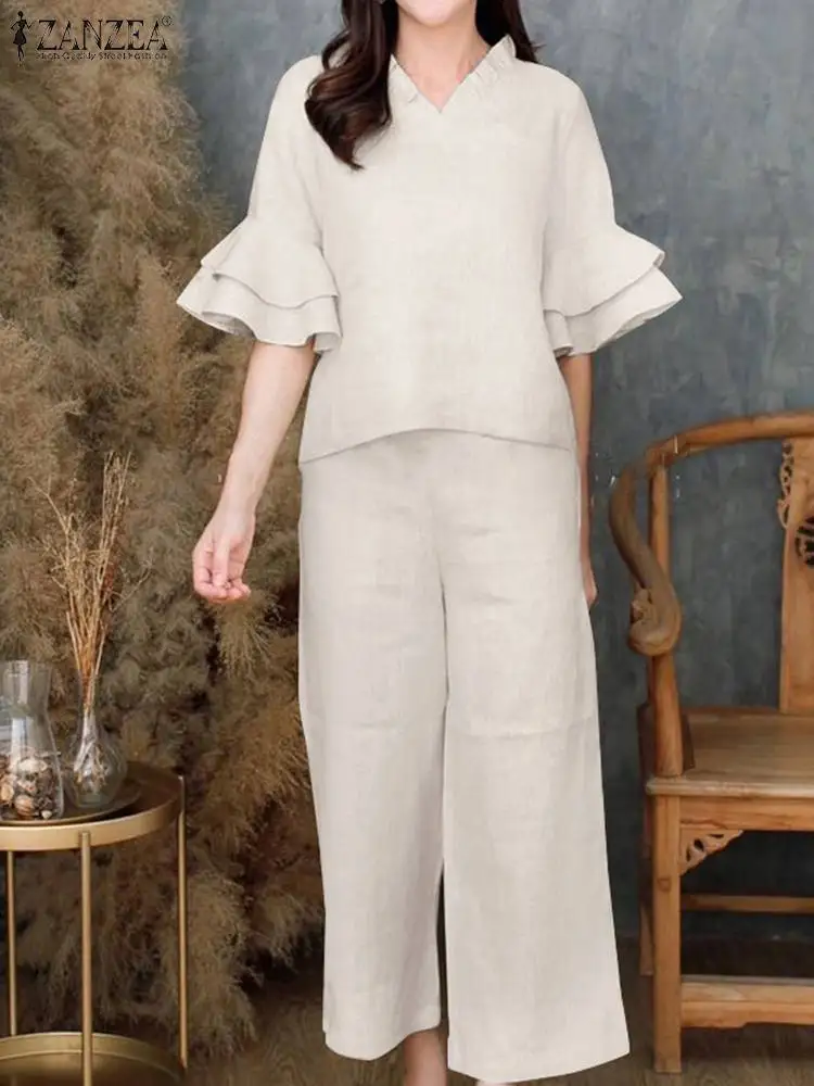 ZANZEA Elegant Suit Women Matching Sets 2PCS Summer V Neck Blouse Trouser Female Pantsuits Fashion Urban Tracksuits Work Outfits