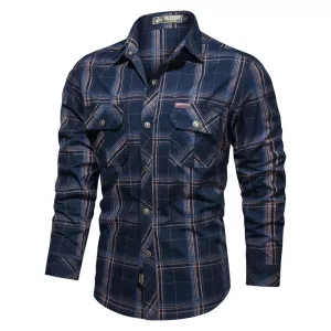 100% Cotton Men's Plaid Military Shirts Single Breasted Casual Long Sleeve Tops Man Business Summer Slim Shirt Military Uniform