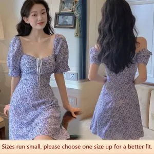 1950s Snowflake Retro Bubble Sleeve Square Collar Dress Girl Style Flower New Chinese Style Women Clothing