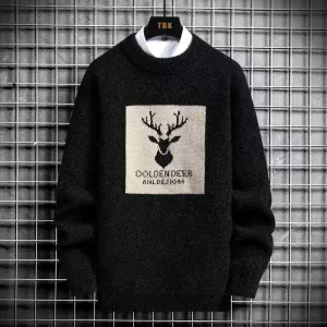 2022 Autumn Vintage Sweaters Oversized Mens Knitted Sweater Men Deer Print Pullover Hip Hop Harajuku White Padded Velvet Sweater