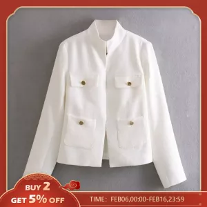 2023 Autumn New Stand up Collar Versatile Patch Pocket Long Sleeve Temperament Textured Suit Short Coat