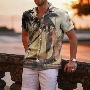 2023 New Men's Shirt Hawaii Vacation Smart Casual Personality Coconut Sailboat Print Abstract Art Short Sleeve Beach Tops