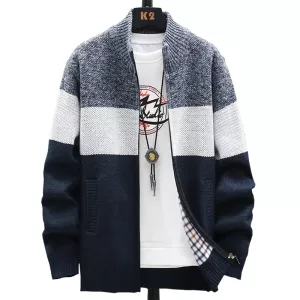 2023 Winter Men Sweater Add Velvet Cardigan Patchwork Color Stand Collar Male Casual Zipper Knitted Thick Warm Sweatercoat