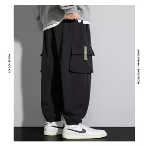 2023 new black workwear pants for men's autumn and winter, loose and straight tube, oversized and enlarged with multiple pockets