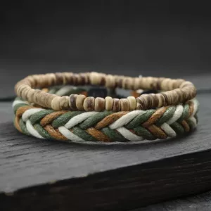 2024 2Pcs Mens Bracelet Set Natural Wood Braclet Handmade Weaven Macrame Braslet Volcanic Rock Tiger Eyes Stone Beaded Brazalete