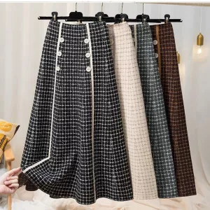 2024 Spring New Plaid button knitted skirt high waist women fashion new mid-length large swing a-line skirt midi 2023 Elegance