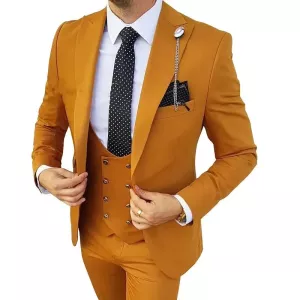 3 Piece Men Suits for Wedding Party Business Orange Peak Lapel One Button Slim Fit Men Tuxedos (Blazer+Vest+Pants)Costume Homme