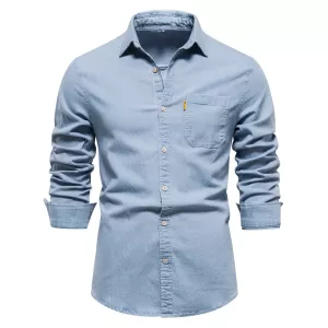 AIOPESON Autumn New Cotton Men's Denim Shirt Solid Color Single Pocket Casual Long Sleeve Shirt Autumn Jeans Shirt for Men