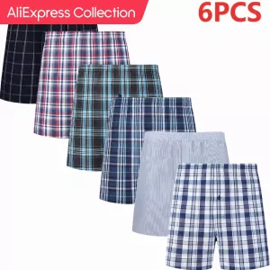 AliExpress Collection JupiterSecret 6 Pcs Boxer Shorts Casual Plaid Elastic Waistband Button Mens Boxer Underwear Woven Shorts