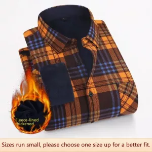 Autumn Winter Men Plaid Fleece Shirt Thickened Business Casual Outdoor Wear Men Shirt Polyester Fabric Daily Use