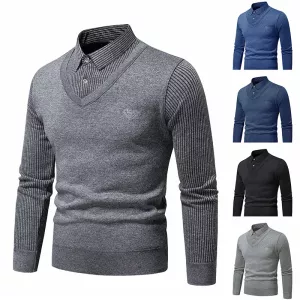 Autumn and Winter New Men's Fake Two Piece Sweater with Fleece and Slim Fit Polo Collar Knitted Bottom Shirt Thickened and Warm