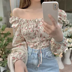 Blouses Women Slim Floral Print Lantern Sleeve Elegant Female Temperament Schoolgirls Spring All-match Leisure Holiday Clothes