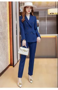Business Suit For Office Lady Women Double Breasted Long Sleeve Blazer Pencil Pants Formal Outfits For Female Solid Suit Sets