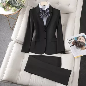 Business Women's Suit Black Navy Blue Notch Collar Blazer Pencil Pants Formal Pantsuit For Professional Women's Outfits