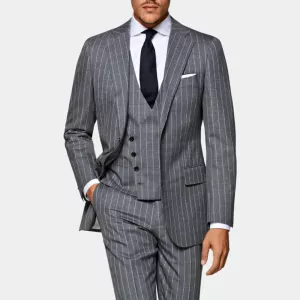 Classic Pinstripe Gray Suit For Mens Formal Business Blazer Wedding Groom Tuxedo Slim Fit 2 Piece Jacket Pants Costume Homme