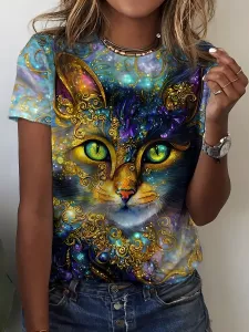 Colorful Cat Print Crew Neck T-Shirt, Casual Short Sleeve Top For Spring & Summer, Women's Clothing