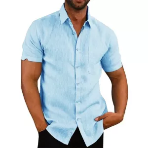 Cotton Linen Hot Sale Men's Short-Sleeved Shirts Summer Solid Color Turn-down collar Casual Beach Style Plus Size