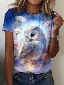 Cute Owl Print T-shirt, Casual Crew Neck Short Sleeve T-shirt, Women's Clothing