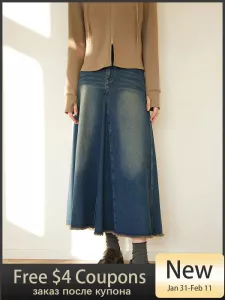 DUSHU Classic Style Retro Ripped Seam Raw Edge Denim Skirt for Women Spring Design High Waist Skirt Female 24DS81009