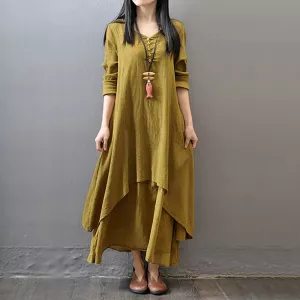 Elegant Cotton Linen Dresses for Women Summer Chic Bohemia Layered Vintage Robe Long Sleeve Loose Dress Oversize Female Vestidos