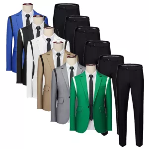 Fashion Men Business Social Wedding Prom Party Suit 2 Piece Green / Black / Blue Men's Patchwork Slim Fit Blazer and Pant