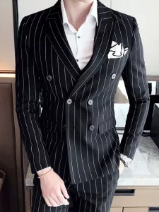 ( Jacket + Vest + Pants ) High-end Brand Men's Formal Business Blue Black Grey Striped Suit