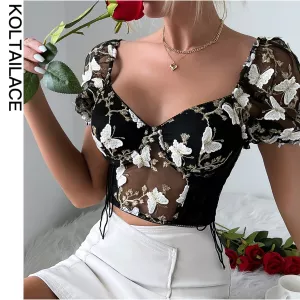 Koltailace Top Corset For Women Sexy Backless Butterfly Embroidery Patchwork Mesh Cropped Palace Restoration Top