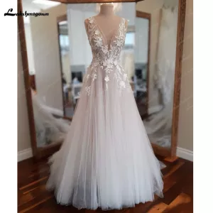 Lakshmigown V Neck Blush Champagne Wedding Dress for Women A Line Lace Flowers Wedding Gowns vestidos para eventos especiales