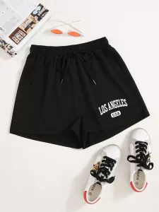 Letter Print Drawstring Shorts, Casual Slant Pockets Shorts For Spring & Summer, Women's Clothing