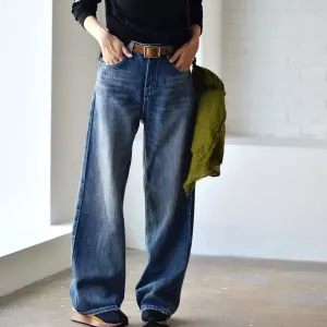 MICOCO N5211C Artistic long legs high waist towing trousers loose straight jean trousers women